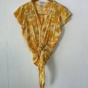 XIX Palms Womens Tan Floral Short Flutter Sleeve‎ Tie Kona Crop Top Sz Small
